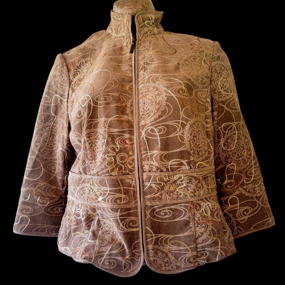 Brown Embroidered Paisley Zip-Up Jacket With High Collar & Back Buttoned details